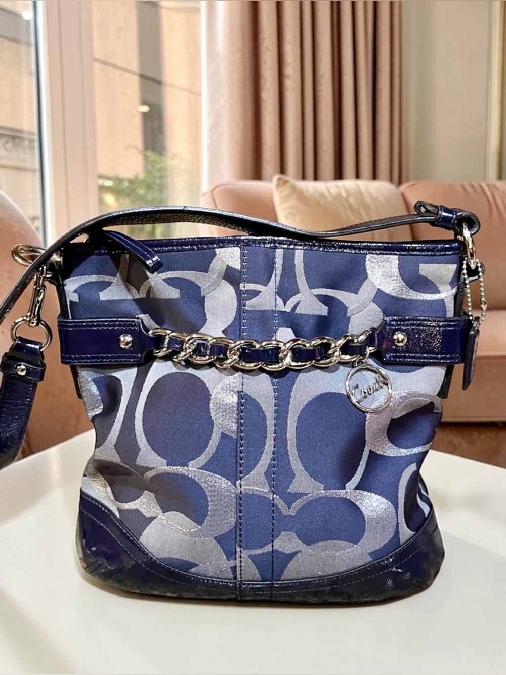 COACH Moto Optic Chain Crossbody – Navy Jacquard
